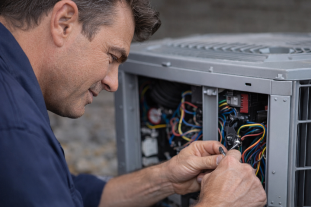 HVAC technician repairing wiring inside an outdoor air conditioning unit during a 24/7 emergency HVAC service call in Largo, FL
